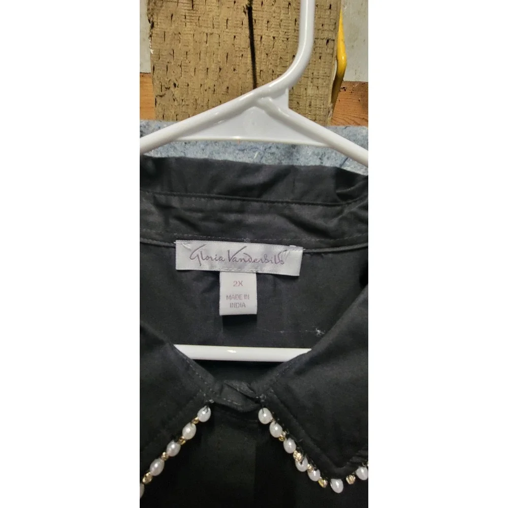 Gloria Vanderbilt Women's Amanda Black 3/4Sleeve Overshirt Embellished Collar 2X